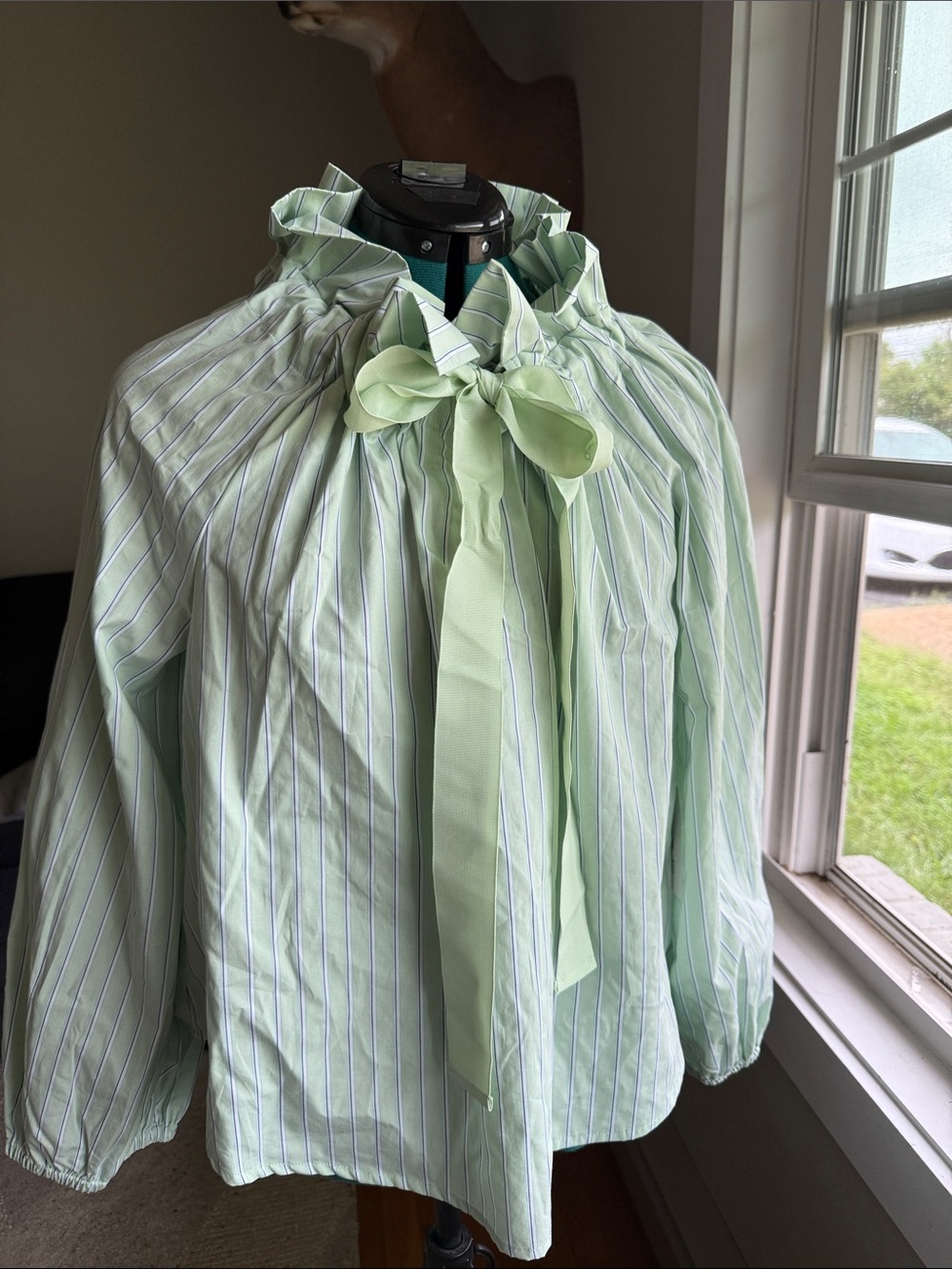 Light Green Striped Bow-Neck Blouse